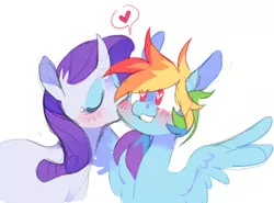 Size: 658x487 | Tagged: safe, artist:xenon, derpibooru import, rainbow dash, rarity, pegasus, pony, unicorn, blushing, eyes closed, female, heart, heart eyes, kiss on the cheek, kissing, lesbian, mare, raridash, shipping, simple background, smiling, spread wings, white background, wingboner, wingding eyes, wings