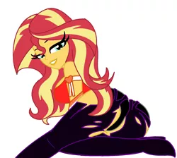 Size: 1718x1542 | Tagged: suggestive, artist:cbear624, derpibooru import, sunset shimmer, equestria girls, ass, breasts, bunset shimmer, busty sunset shimmer, clothes, commission, cutie honey, female, looking at you, looking back, simple background, smiling, solo, solo female, torn clothes, transparent background