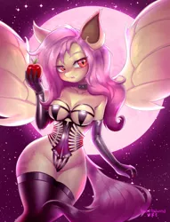 Size: 750x981 | Tagged: suggestive, artist:tawni-tailwind, derpibooru import, fluttershy, anthro, bat pony, apple, breasts, busty fluttershy, choker, chokershy, clothes, colored pupils, corset, curvy, evening gloves, fangs, female, flutterbat, food, full moon, gloves, latex, latex gloves, long gloves, mare, moon, race swap, skimpy outfit, smiling, solo, solo female, spread wings, stars, stockings, thigh highs, wings