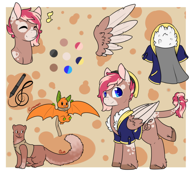 Size: 1024x920 | Tagged: safe, artist:cloureed, derpibooru import, oc, oc:ace, oc:cinnamon, oc:strawberry breeze, unofficial characters only, fruit bat, mink, pegasus, pony, clothes, reference sheet