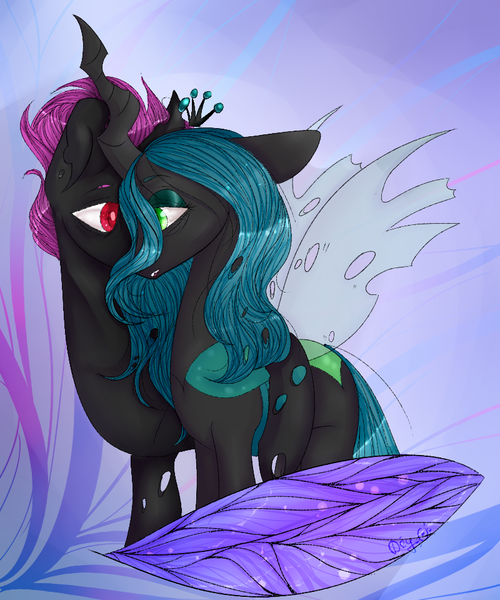 Size: 800x960 | Tagged: artist needed, source needed, safe, derpibooru import, queen chrysalis, changeling queen oc, oc, oc:king dorigan, changeling, changeling queen, canon x oc, changeling king, changeling oc, chrysigan, duo, female, male, purple changeling, shipping, straight