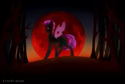 Size: 2560x1707 | Tagged: artist needed, blood moon, changeling, derpibooru import, moon, oc, oc:king dorigan, purple changeling, safe, solo, tree, unofficial characters only