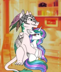 Size: 1386x1645 | Tagged: artist needed, safe, derpibooru import, princess celestia, oc, oc:arculascrain, canon x oc, celescrain, female, male, straight