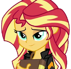 Size: 740x715 | Tagged: safe, derpibooru import, sunset shimmer, equestria girls, book, clothes, cute, female, jacket, looking at you, simple background, solo, transparent background