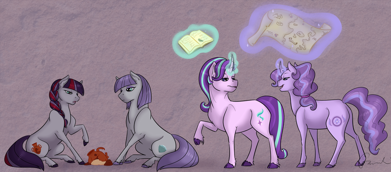 Size: 1784x788 | Tagged: safe, artist:ganashiashaka, derpibooru import, maud pie, starlight glimmer, oc, oc:amethyst swirl, oc:chalcocite quartz, earth pony, pony, unicorn, book, curved horn, family, female, lesbian, magic, magical lesbian spawn, map, mare, offspring, parent:maud pie, parent:starlight glimmer, parents:starmaud, shipping, sitting, starmaud, vase