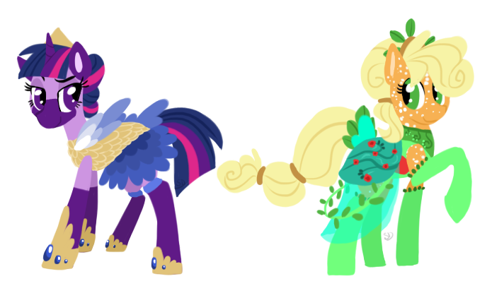 Size: 695x422 | Tagged: safe, artist:sallindaemon, derpibooru import, applejack, twilight sparkle, twilight sparkle (alicorn), alicorn, pony, alternate design, clothes, dappled, dress, simple background, socks, transparent background