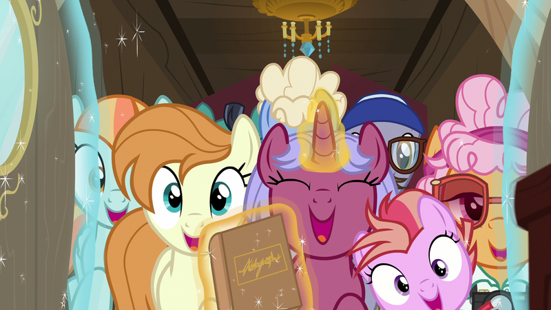 Size: 1920x1080 | Tagged: safe, derpibooru import, screencap, agua fresca, grapefruit squash, lily peel, raspberry sorbet, unnamed pony, earth pony, pegasus, pony, unicorn, once upon a zeppelin, autograph book, background pony, book, camera, crowd, door, elderly, female, filly, glasses, glowing horn, happy, head tilt, horn, levitation, magic, magic aura, mare, screencap (pony), sunglasses, telekinesis