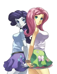 Size: 2700x3500 | Tagged: suggestive, artist:zipskyblue, derpibooru import, fluttershy, rarity, equestria girls, beautiful, bondage, bound together, breasts, busty fluttershy, clothes, duo, duo female, female, looking at you, mlem, rope, simple background, skirt, smiling, tanktop, tied, tied hands, tongue out, white background
