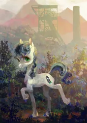 Size: 900x1273 | Tagged: safe, artist:wolfiedrawie, derpibooru import, oc, oc:chica, oc:drew, unofficial characters only, earth pony, pony, commission, factory, female, grass, hug, industrial, looking at you, mare, mountain, raised hoof, raised leg, scenery, smiling, solo, unshorn fetlocks