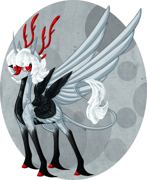 Size: 1958x2400 | Tagged: safe, artist:australian-senior, derpibooru import, oc, oc:kathryn invictus, unofficial characters only, alicorn, dracony, hybrid, kirin, kirindos, alternate universe, antlers, colored hooves, curved horn, goddess, image, leonine tail, png, portal (valve), red eyes, simple background, solo, turret