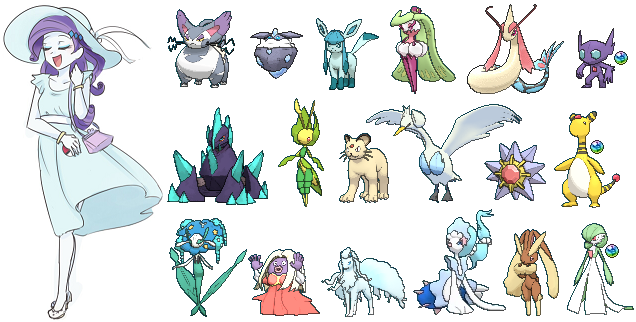 Size: 636x322 | Tagged: safe, artist:misochikin, artist:wolf, derpibooru import, rarity, alolan ninetales, ampharos, carbink, florges, gardevoir, gigalith, glaceon, jynx, leavanny, lopunny, milotic, ninetales, persian, purugly, sableye, starmie, swanna, equestria girls, crossover, pokémon, pokémon trainer, primarina, tsareena