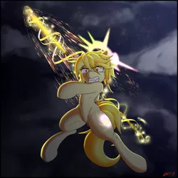 Size: 4000x4000 | Tagged: safe, artist:ze-dusty, derpibooru import, oc, oc:starforge solare, unofficial characters only, semi-anthro, unicorn, angry, badass, belly button, epic, featureless crotch, female, glowing cutie mark, glowing eyes, halo, magic, ribbon, slit eyes, snaggletooth, solo, spear, weapon