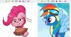 Size: 426x225 | Tagged: safe, artist:saturdaymorningproj, derpibooru import, pinkie pie, rainbow dash, derpibooru, secrets and pies, juxtaposition, meta, pie, pun, that pony sure does love pies