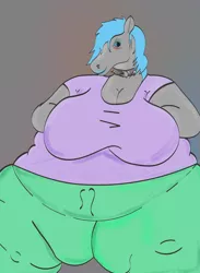 Size: 3000x4088 | Tagged: anthro, anthro oc, artist:thalane.dragonness, bbw, blue hair, clothes, collar, derpibooru import, fat, hoers, obese, oc, oc:shadow melody, overweight, pants, safe, ssbbw, unofficial characters only, yoga pants