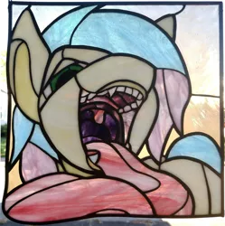 Size: 3183x3195 | Tagged: safe, artist:ponythroat, artist:tjglass, deleted from derpibooru, derpibooru import, oc, oc:vorepone, unofficial characters only, bust, human teeth, irl, mawshot, open mouth, photo, photo bust, portrait, stained glass (irl), tongue out