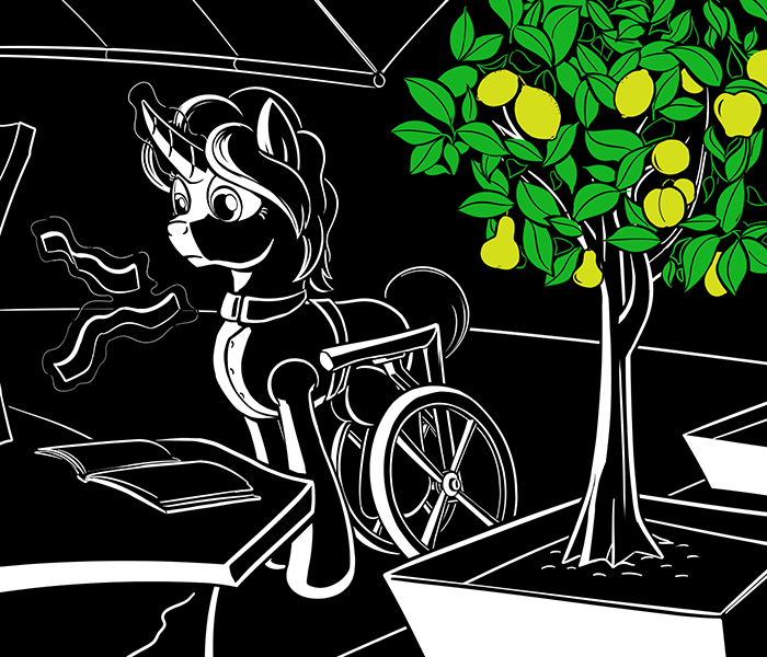 Size: 700x600 | Tagged: safe, artist:sirvalter, derpibooru import, oc, oc:doctor eugenin, unofficial characters only, pony, unicorn, fanfic, fanfic:steyblridge chronicle, apple, book, fanfic art, female, food, illustration, lemon, magic, mare, monochrome, neo noir, partial color, peach, pear, research institute, scientist, solo, tree, wheelchair