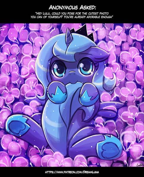 Size: 750x926 | Tagged: safe, artist:lumineko, derpibooru import, princess luna, alicorn, pony, biting, cute, female, filly, flower, hnnng, horseshoes, lumineko is trying to murder us, lunabetes, nom, s1 luna, solo, sweet dreams fuel, tail bite, weapons-grade cute, woona, younger