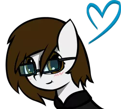 Size: 1500x1347 | Tagged: artist:darksoma, blue heart, blushing, brown hair, cute, derpibooru import, girlfriend, glasses, heart, medium hair, mo, oc, oc:morgan, ponysona, safe, solo, unofficial characters only