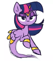 Size: 785x899 | Tagged: safe, artist:lilboulder, derpibooru import, twilight sparkle, twilight sparkle (alicorn), alicorn, genie, genie pony, pony, ask genie twilight, armband, female, headband, horn cap, lidded eyes, mare, simple background, smiling, solo, white background, wing jewelry