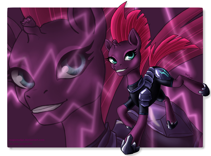 Size: 1378x1022 | Tagged: safe, artist:magarnadge, derpibooru import, tempest shadow, pony, unicorn, my little pony: the movie, armor, broken horn, eye scar, hoof shoes, scar, smiling, solo, zoom layer