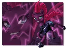 Size: 1378x1022 | Tagged: safe, artist:magarnadge, derpibooru import, tempest shadow, pony, unicorn, my little pony: the movie, armor, broken horn, eye scar, hoof shoes, scar, smiling, solo, zoom layer