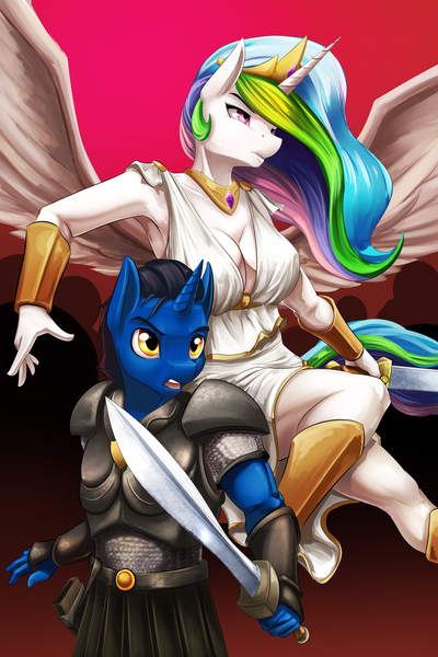 Size: 1200x1800 | Tagged: suggestive, artist:d-lowell, derpibooru import, princess celestia, oc, oc:meteor shower, alicorn, anthro, unicorn, anthro oc, armor, armpits, big breasts, breasts, busty princess celestia, celeor, cleavage, clothes, commission, crown, erect nipples, fantasy class, female, jewelry, knight, male, mare, nipple outline, protecting, regalia, stallion, sword, warrior, weapon