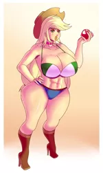 Size: 963x1600 | Tagged: abs, apple, applebucking thighs, applejack, artist:annon, bimbo, bimbo jack, body freckles, boob freckles, boots, bra, breasts, busty applejack, choker, clothes, daisy dukes, derpibooru import, eating, female, food, freckles, hat, high heel boots, human, humanized, long nails, shoes, shorts, solo, solo female, suggestive, underwear