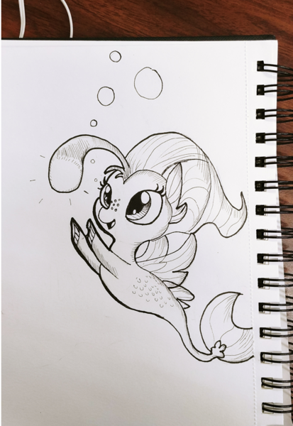 Size: 1440x2094 | Tagged: safe, artist:tjpones, derpibooru import, princess skystar, hippocampus, merpony, seapony (g4), my little pony: the movie, bubble, cute, female, freckles, grayscale, inktober, lineart, monochrome, skyabetes, solo, traditional art, younger