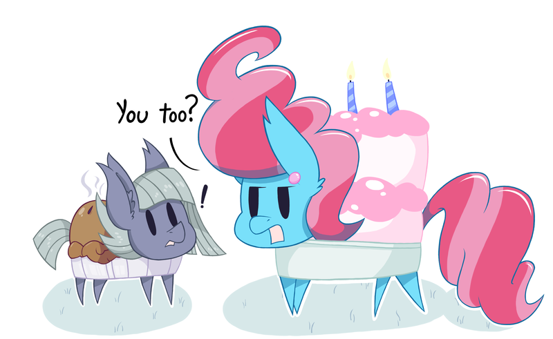 Size: 2605x1600 | Tagged: artist:dragonpone, cake, cake pony, candle, cup cake, derpibooru import, dialogue, duo, ear fluff, ear piercing, earring, exclamation point, female, food, food pony, jewelry, lidded eyes, limestone pie, looking at each other, mare, open mouth, original species, pie, pie pony, piercing, safe, simple background, steam, surprised, white background