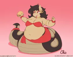 Size: 1260x990 | Tagged: suggestive, artist:nekocrispy, derpibooru import, oc, oc:amali, unofficial characters only, anthro, lamia, original species, arm band, armpits, bbw, belly, belly button, belly dancer, big belly, big breasts, breasts, burger, cleavage, ear piercing, earring, eating, fat, female, food, gradient background, jewelry, necklace, obese, piercing, sequence, solo, solo female, tongue out, weight gain, weight gain sequence