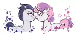 Size: 1492x707 | Tagged: safe, artist:lavendersweet69, derpibooru import, rumble, sweetie belle, pegasus, pony, unicorn, angry, blushing, colt, female, filly, looking at each other, male, rumbelle, shipping, smiling, straight, tsundere