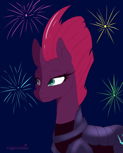 Size: 1024x1280 | Tagged: safe, artist:coffeevixxen, derpibooru import, fizzlepop berrytwist, tempest shadow, pony, unicorn, my little pony: the movie, armor, broken horn, female, fireworks, mare, night, solo