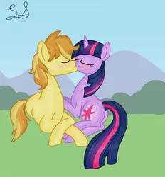 Size: 1024x1102 | Tagged: safe, artist:some-pegasister, derpibooru import, braeburn, twilight sparkle, earth pony, pony, unicorn, blushing, female, kissing, male, request, shipping, straight, twiburn