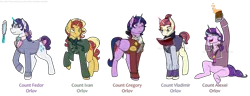 Size: 1024x394 | Tagged: safe, artist:stuflox, derpibooru import, moondancer, rarity, starlight glimmer, sunset shimmer, twilight sparkle, twilight sparkle (alicorn), alicorn, pony, unicorn, alexei orlov, broadway, clothes, count orlov, crossover, fedor orlov, female, gregory orlov, ivan orlov, magic, mare, mirror, musical, simple background, smiling, transparent background, vladimir orlov