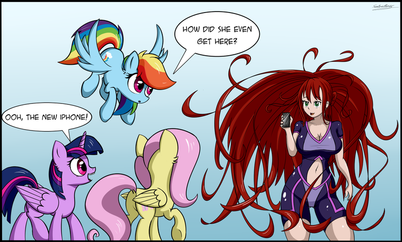 Size: 1510x910 | Tagged: safe, artist:sentireaeris, derpibooru import, fluttershy, rainbow dash, twilight sparkle, twilight sparkle (alicorn), alicorn, human, pegasus, pony, blue background, clothes, crossover, dialogue, fanart mashup challenge, female, inhumans, iphone, mare, marvel, medusa (marvel), simple background