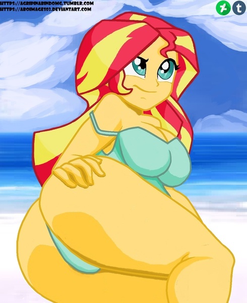 Size: 1128x1380 | Tagged: suggestive, artist:aboimages03, derpibooru import, sunset shimmer, equestria girls, ass, bikini, breasts, bunset shimmer, busty sunset shimmer, clothes, female, green swimsuit, off shoulder, solo, solo female, swimsuit, thong swimsuit