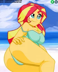 Size: 1128x1380 | Tagged: suggestive, artist:aboimages03, derpibooru import, sunset shimmer, equestria girls, ass, bikini, breasts, bunset shimmer, busty sunset shimmer, clothes, female, green swimsuit, off shoulder, solo, solo female, swimsuit, thong swimsuit