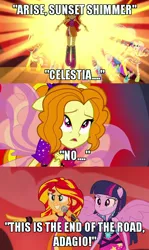 Size: 500x837 | Tagged: safe, derpibooru import, screencap, adagio dazzle, sunset shimmer, equestria girls, rainbow rocks, comic, galvatron, harmonic transformation, microphone, rodimus prime, screencap comic, sleeveless, the transformers: the movie, transformers