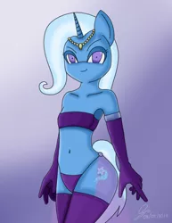 Size: 654x849 | Tagged: suggestive, artist:fatherkarn, derpibooru import, trixie, anthro, unicorn, armpits, bandeau, belly button, breasts, clothes, collarbone, delicious flat chest, evening gloves, female, gloves, jewelry, long gloves, mare, midriff, panties, solo, solo female, stockings, thigh highs, thong, underwear