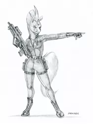 Size: 1100x1461 | Tagged: safe, artist:baron engel, derpibooru import, tempest shadow, anthro, unguligrade anthro, unicorn, my little pony: the movie, breasts, broken horn, eye scar, female, grayscale, gun, monochrome, pencil drawing, rifle, scar, simple background, sketch, solo, tar-21, tavor, traditional art, weapon, white background