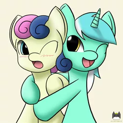 Size: 1280x1280 | Tagged: safe, artist:fatherkarn, derpibooru import, bon bon, lyra heartstrings, sweetie drops, earth pony, pony, unicorn, blushing, female, hug, lesbian, looking at each other, lyrabon, one eye closed, shipping, simple background, smiling, wink, yellow background