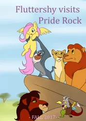 Size: 1191x1684 | Tagged: safe, artist:0oneverfearo0, derpibooru import, discord, fluttershy, pony, circle of life, crossover, fanart mashup challenge, movie poster, mufasa, pride rock, rafiki, sarabi, scar (the lion king), the lion king