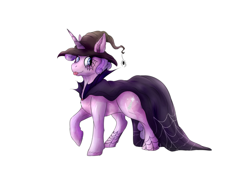 Size: 3358x2500 | Tagged: safe, alternate version, artist:artoffel-kartoffel, derpibooru import, oc, oc:quartz horn, unofficial characters only, crystal pony, spider, unicorn, cape, clothes, female, filly, hat, nightmare night, simple background, solo, tongue out, transparent background, witch, witch hat