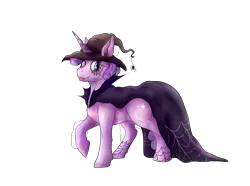 Size: 3358x2500 | Tagged: safe, alternate version, artist:artoffel-kartoffel, derpibooru import, oc, oc:quartz horn, unofficial characters only, crystal pony, spider, unicorn, cape, clothes, female, filly, hat, nightmare night, simple background, solo, tongue out, transparent background, witch, witch hat