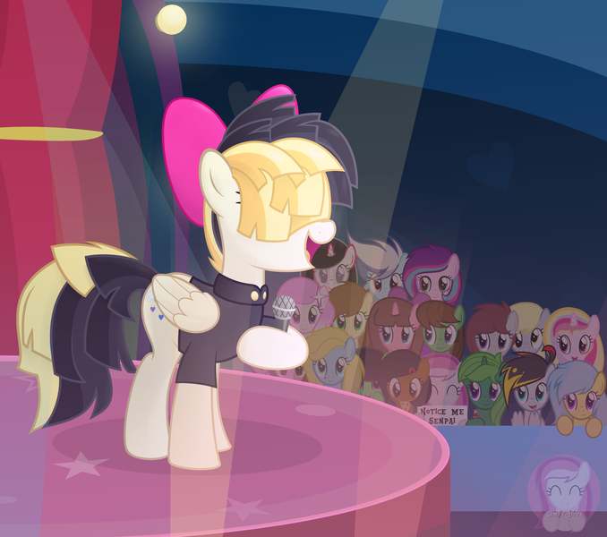 Size: 2862x2533 | Tagged: safe, artist:comfydove, derpibooru import, derpy hooves, songbird serenade, oc, oc:aurelia charm, oc:azure mular, oc:bella, oc:cipher wave, oc:comet blitz, oc:comfy dove, oc:disorient, oc:lime dream, oc:rachel, oc:rescue mission, oc:rose red, oc:shyfly, oc:singery anne, oc:stardust, oc:stellar bubbles, oc:sunshine, oc:yanie, pegasus, pony, unicorn, my little pony: the movie, audience, clothes, female, indoors, lights, mare, microphone, notice me senpai, open mouth, shirt, singing, smiling, stage