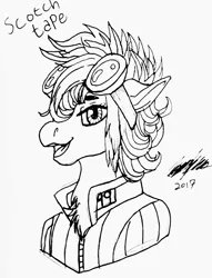 Size: 2577x3375 | Tagged: safe, artist:brainiac, derpibooru import, oc, oc:scotch tape, unofficial characters only, earth pony, pony, fallout equestria, fallout equestria: project horizons, black and white, bust, chest fluff, clothes, female, filly, floppy ears, goggles, grayscale, inktober, inktober 2017, mare, monochrome, solo, traditional art