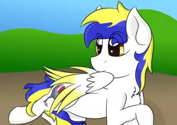 Size: 3496x2480 | Tagged: safe, artist:jubyskylines, derpibooru import, oc, oc:juby skylines, unofficial characters only, pegasus, pony, chest fluff, colored wings, colored wingtips, crossed hooves, lying down, male, preening, solo, stallion