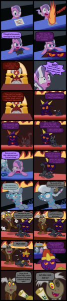 Size: 2000x8953 | Tagged: safe, artist:magerblutooth, derpibooru import, diamond tiara, discord, silver spoon, oc, oc:dazzle, oc:il, oc:power cord, cat, imp, pony, snail, comic:diamond and dazzle, comic, contract, court, courtroom, crayon, dialogue, document, fire, judge, messy mane, mouth hold, trial, x was discord all along