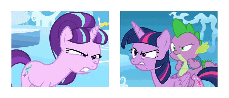 Size: 1218x525 | Tagged: safe, derpibooru import, edit, edited screencap, screencap, spike, starlight glimmer, twilight sparkle, alicorn, dragon, unicorn, the cutie re-mark, angry, animated, backpack, cloud, cloudsdale, distortion, gif, glare, looking at each other, loop, seizure warning, simple background, transparent background