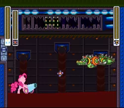 Size: 512x446 | Tagged: artist:mega-poneo, crossover, derpibooru import, desktop ponies, fight, magnet mine, megaman x, megaman x2, mockup, party cannon, pinkie pie, pixel art, safe, sprite, video game, wheel gator